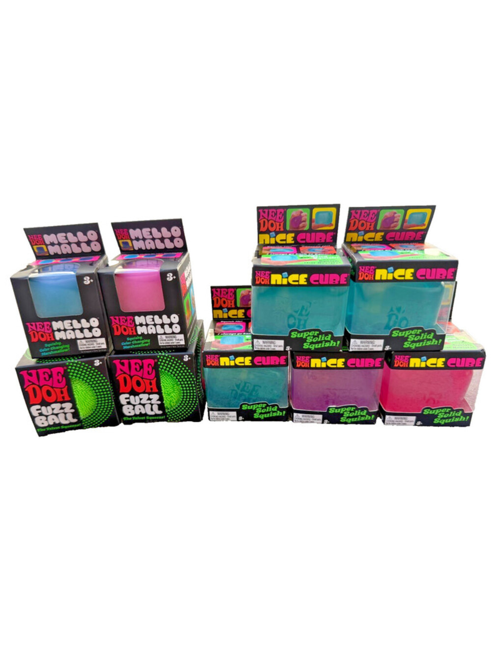NeeDoh Squeeze Toy Mixed Lot of 9 - Mello Mallo, RARE Green Fuzz Ball, Nice Cube